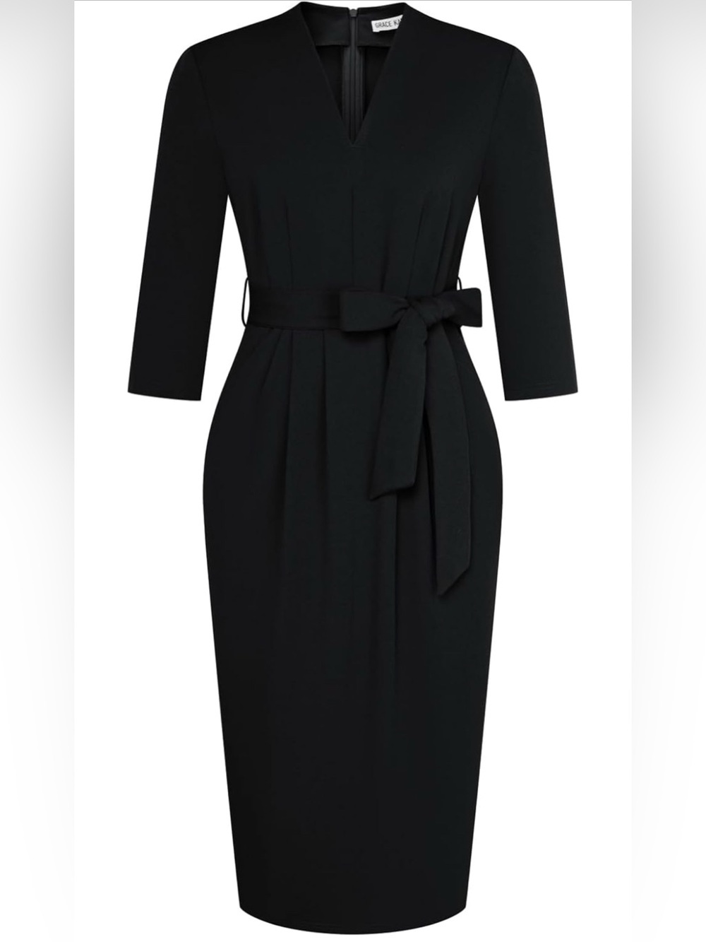 Grace Karin Black Midi Sheath Dress with Waist Tie